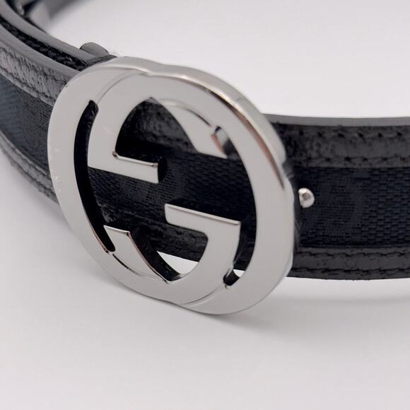 New Gucci GG Canvas Leather Belt Interlocking G Black Size 95/38 Unisex 1.2” - Picture 5 of 11